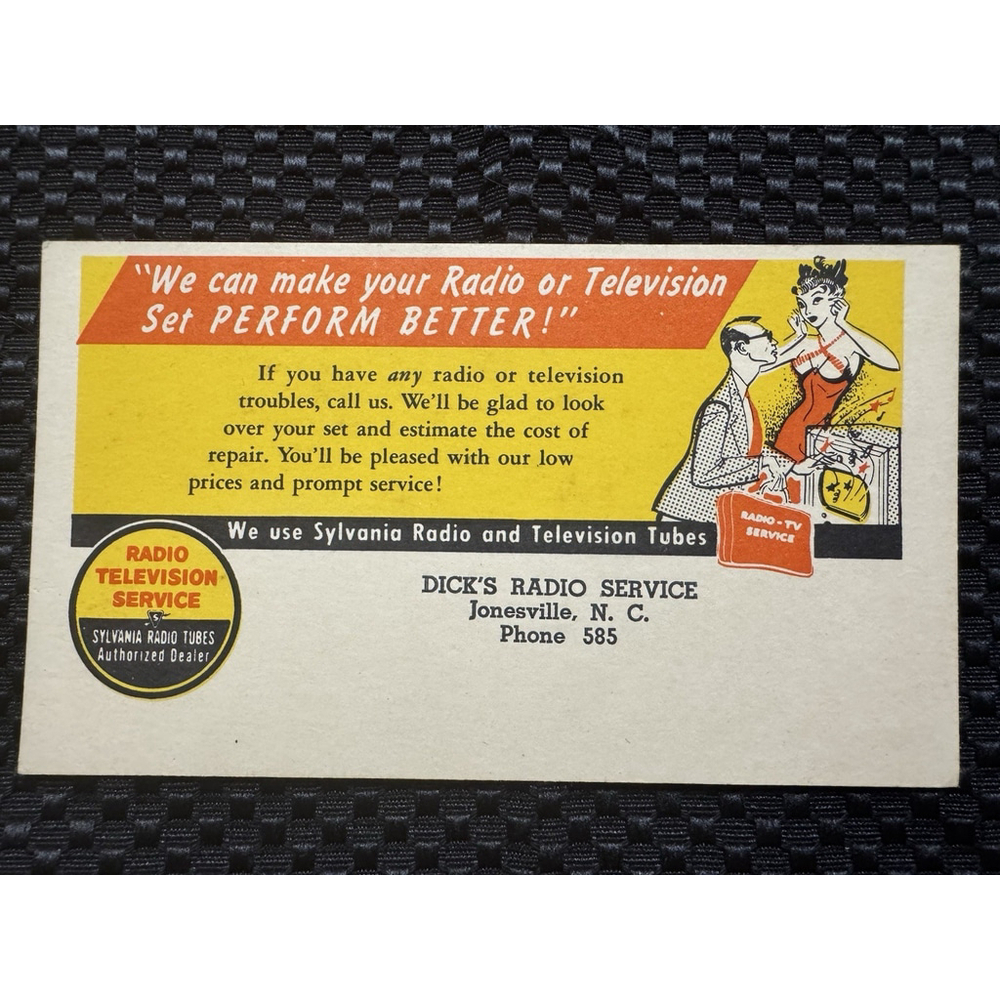 Postcard Jonesville, NC Advertising Dick’s Sylvania Television Radio Service